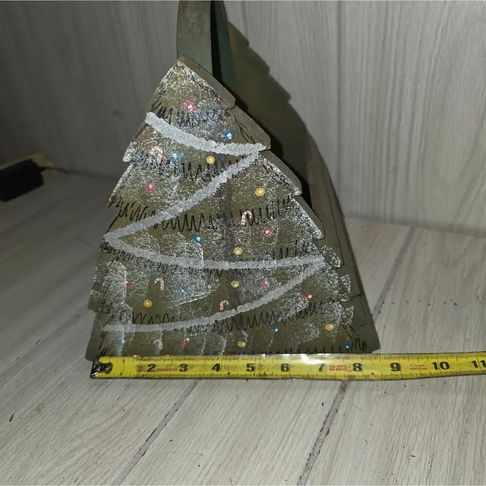 Vtg Handmade Wood Christmas Tree Basket Card Holder Holiday Farmhouse Festive